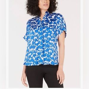 Alfani Printed Blouse Button Front Floral Blue Size L
